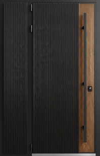 Нестандартная входная термодверь с боковой вставкой, бугельной ручкой, черными панелями МДФ со вставкой шпона